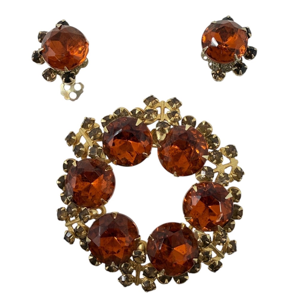 50s Amber Orange Glass Rhinestone Wreath Brooch & Clip Earrings Demi Parure